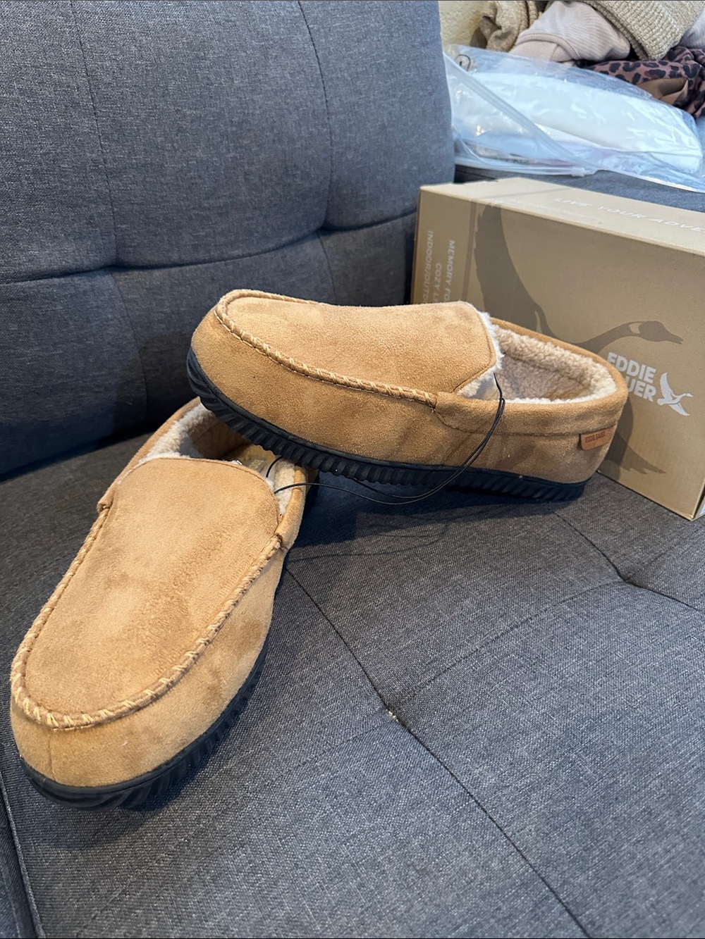 Eddie Bauer Tan Suede Moccasin-Style Slippers with Cozy Lining New with Box
